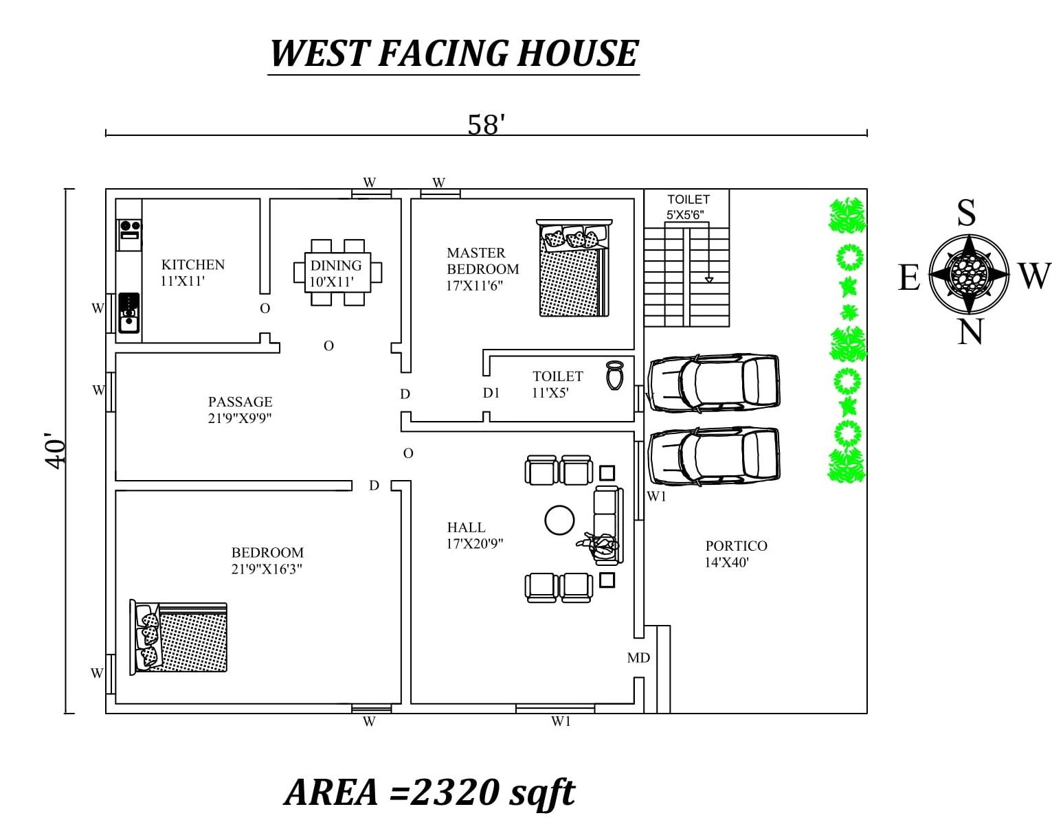 58'x40' 2 BHK west facing house plan as per vastu shatra, DWG file Details