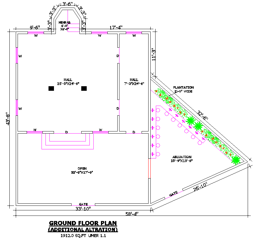 58x44 Mosque Ground Floor Plan DWG with Mehrab and Ablution