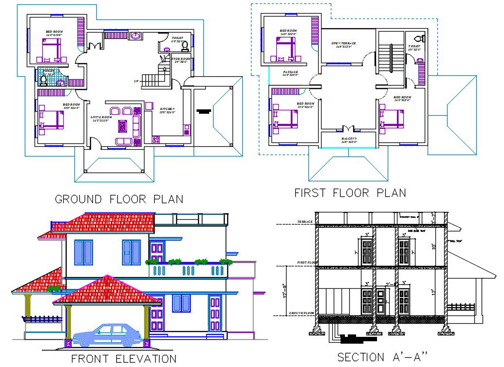 5 BHK House Plan With sectional Elevation Design AutoCAD File