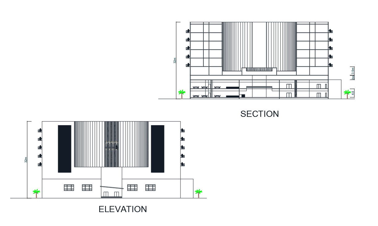 5 Star Hotel Building Sectional elevation design DWG File