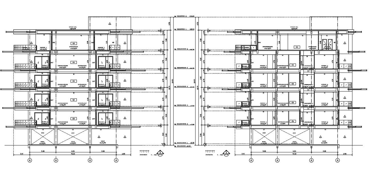 5 Storey 3 BHK Apartment Building Section Drawing DWG File