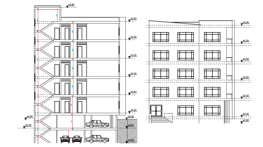 5 Storey Apartment Building Section And Elevation Design Download DWG File