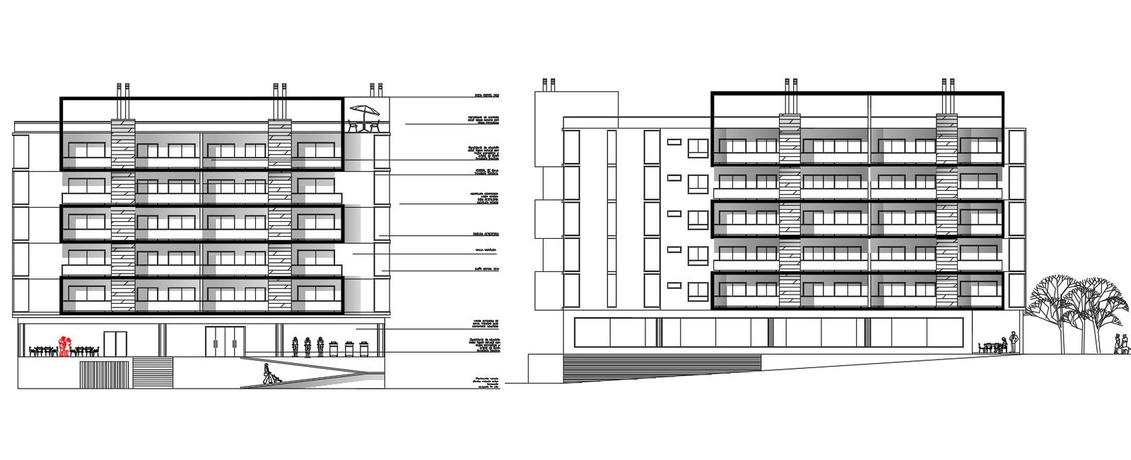 5 Storey Apartment building Front And Side View Elevation Design DWG File