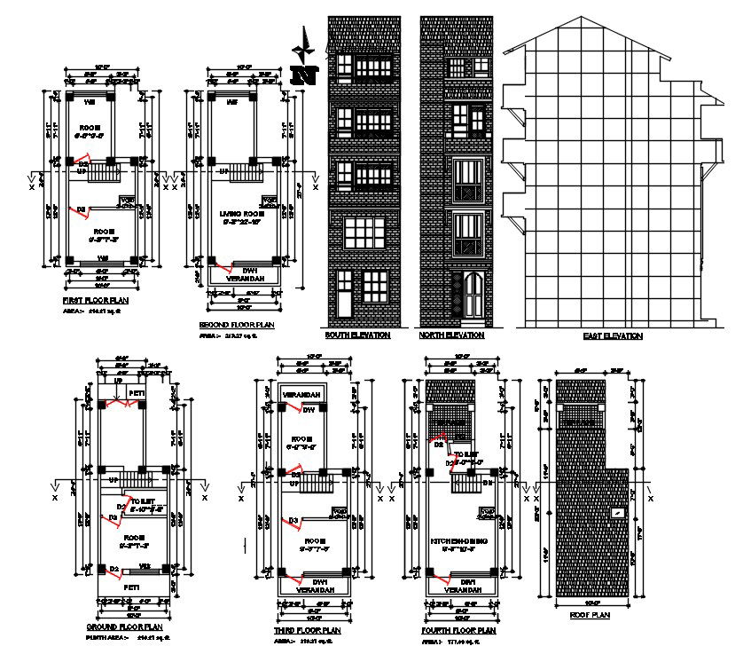 5 Storey House Building Plan And Elevation Drawing DWG File