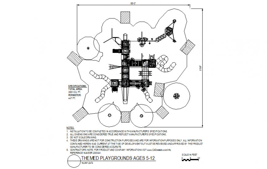 5 to 12-year child playing system design with themed playground plan dwg file