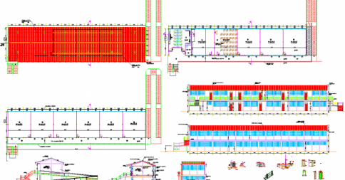 School AutoCAD DWG with Floor Plan, Sections, and Rendered Elevation
