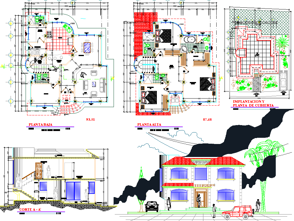 2 Storey House Design CAD Drawing with Plan Section and Elevation