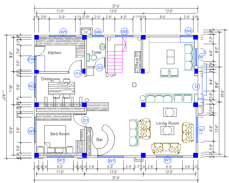 Simple House Ground Floor AutoCAD DWG with Living and Dining Plan