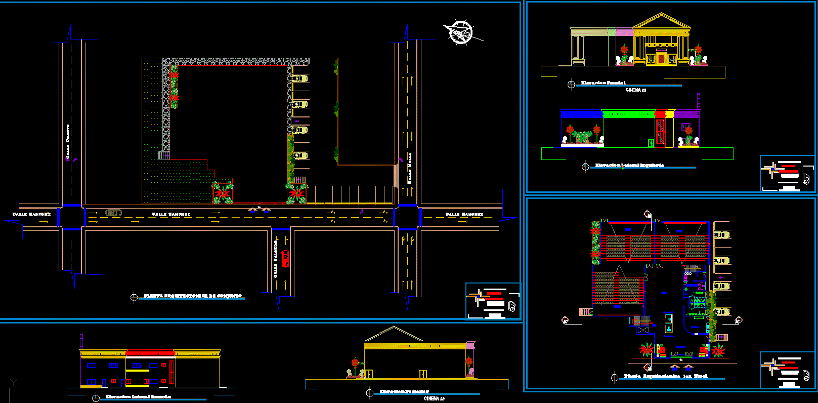 Cinema CAD Drawing with Floor Plan Elevation Section and Key Layout