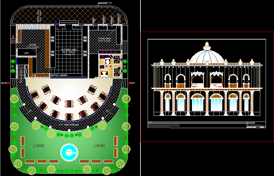 Modern Restaurant CAD Drawing with Lawn and Elevation Design DWG File