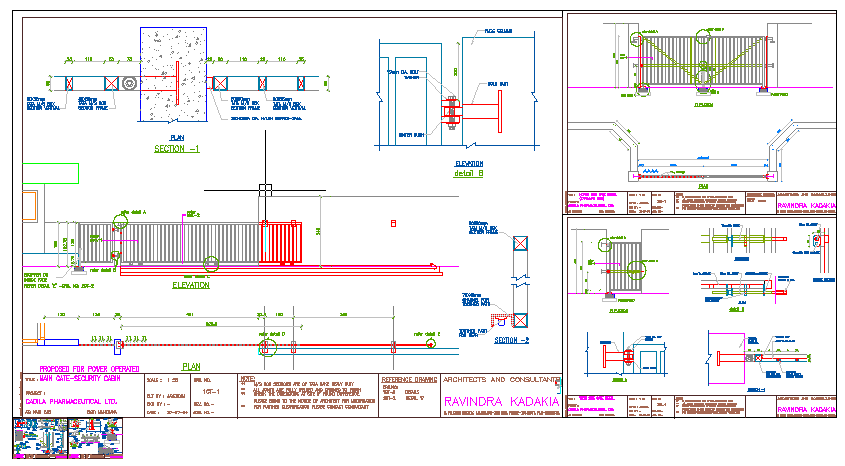 Main Gate Detail Plan Elevation Section and Foundation Layout Drawing