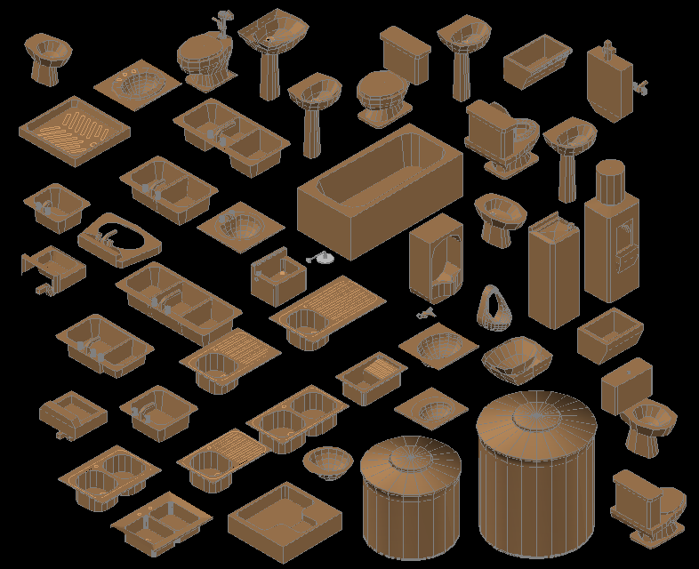 3D Sanitary CAD Blocks with Washbasin Bathtub and Sink DWG Design