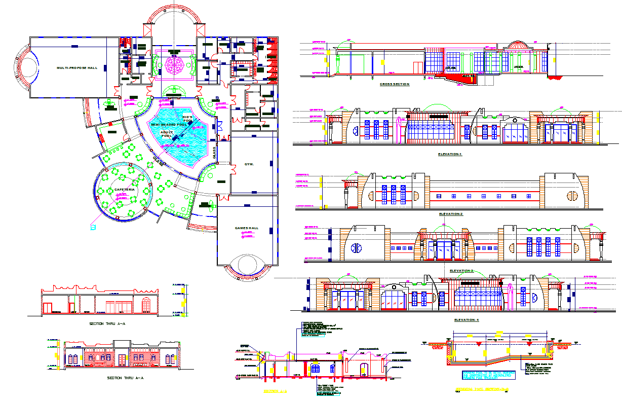 Club House DWG with Pool Restaurant Gym and Multi Purpose Hall Layout