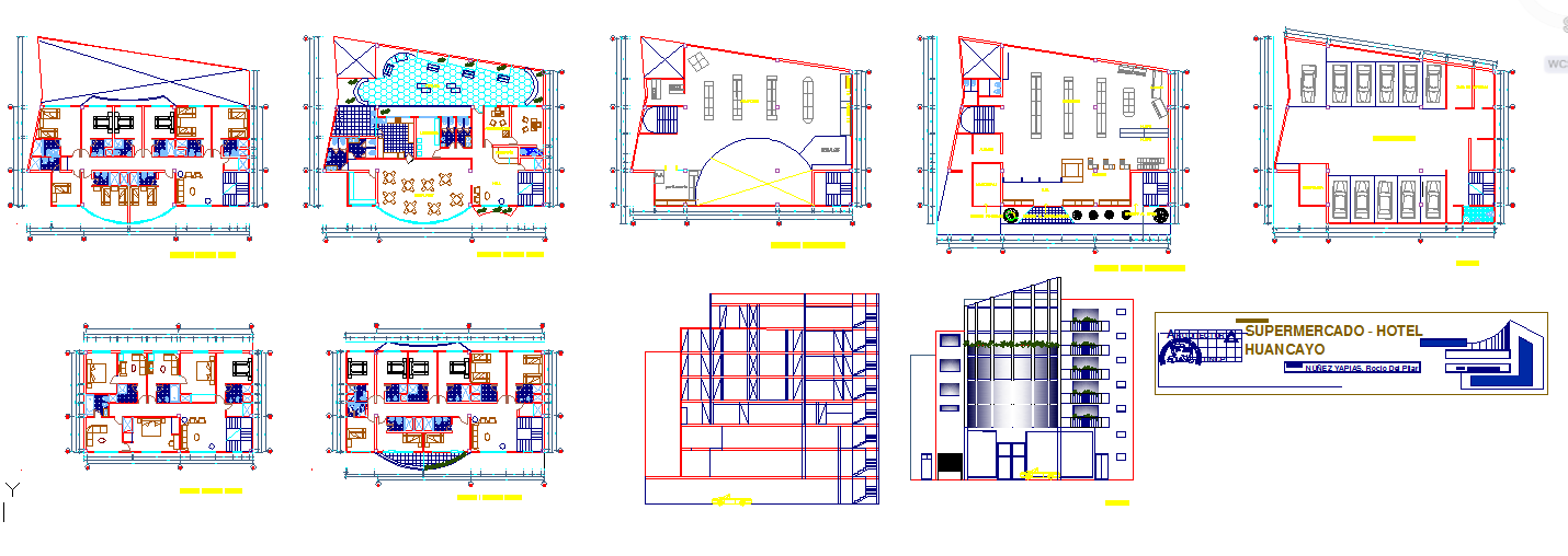 Modern Hotel Design DWG with Room Layouts and Architectural Sections