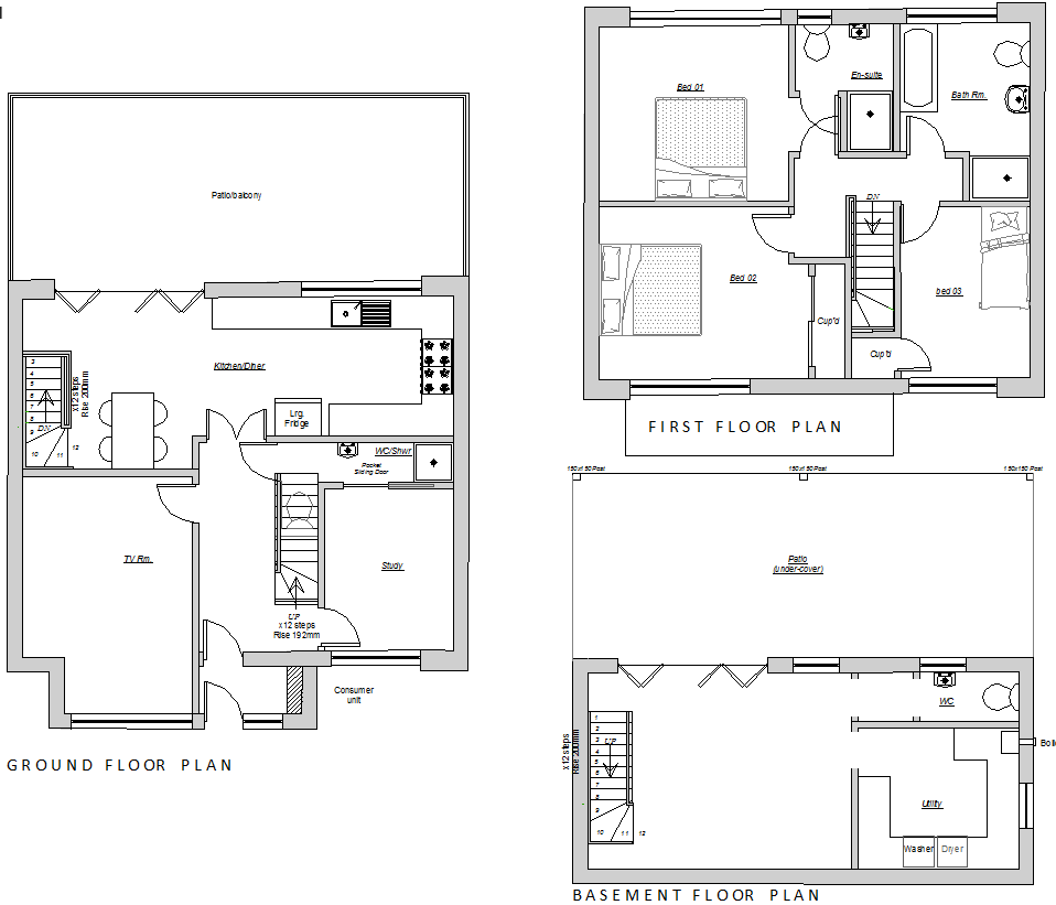 3 Storey House CAD Drawing with Complete Furnished Floor Plans