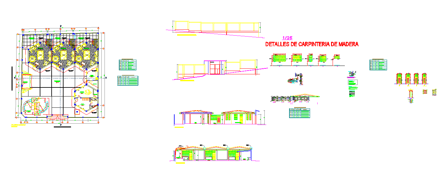 Wood Carpentry Detail Plans with Elevations and Structural Layouts