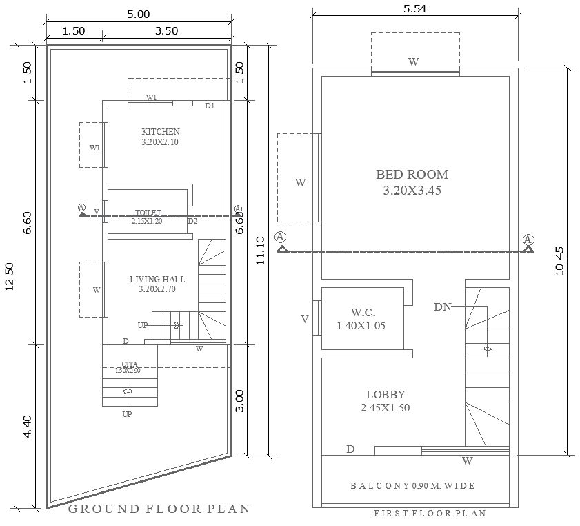 5m by 12.5m 1 Bedroom House Plan with Ground and First