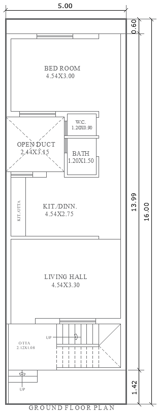 Ground Floor 1BHK Plan 5mx16m Residential Layout DWG File
