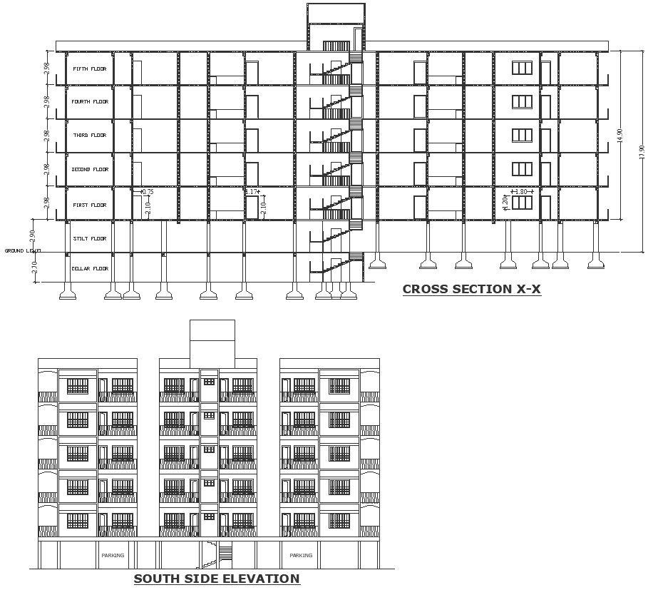 5 storey apartment section and elevation detail DWG autoCAD drawing