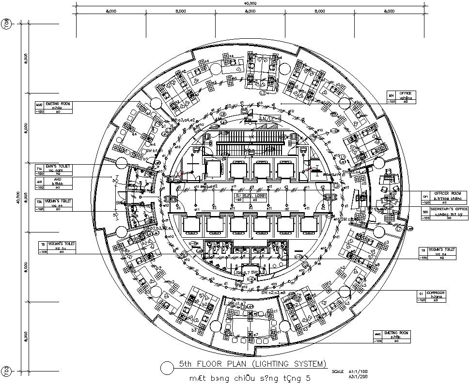 5th floor plan of lighting system in AutoCAD 2D drawing, dwg file, CAD file