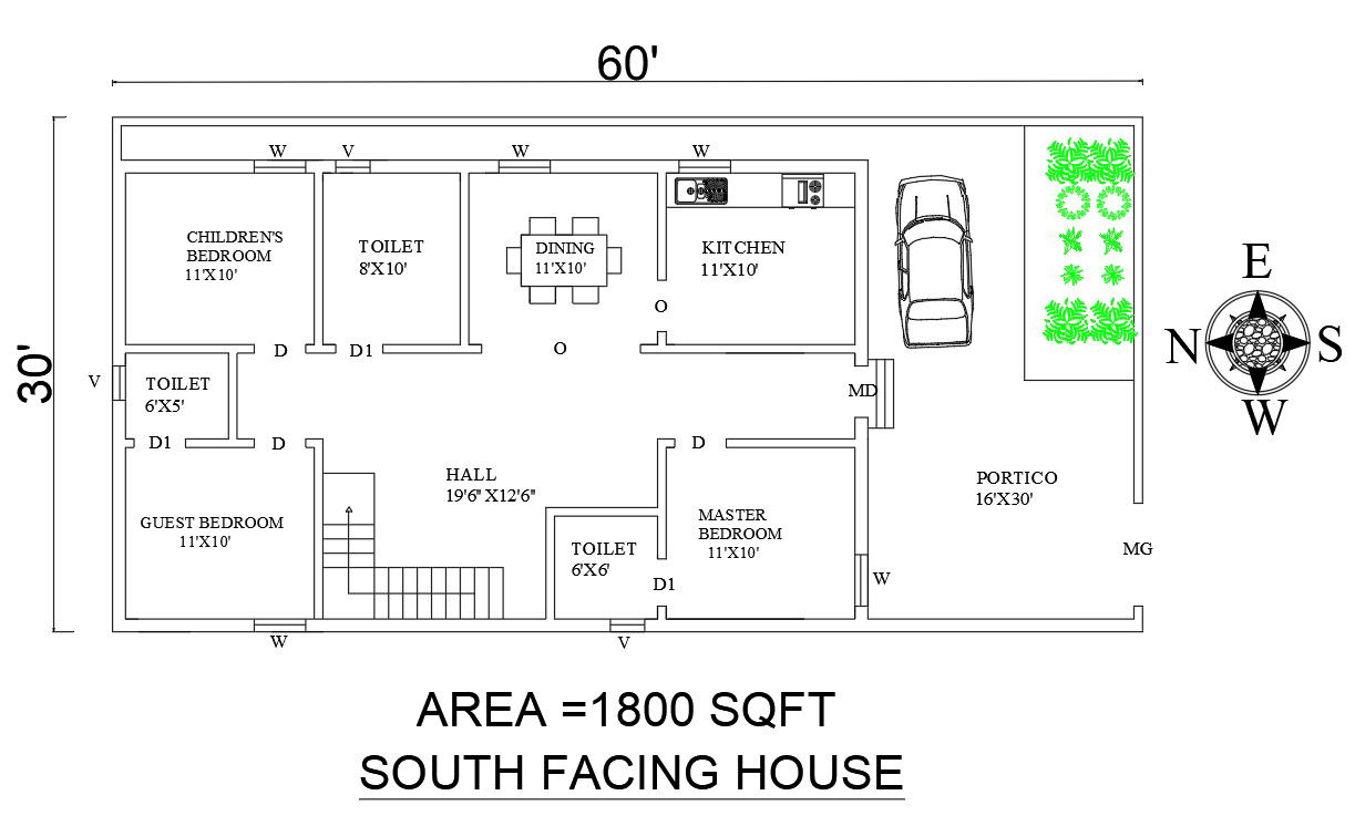 60'x30' 3 BHK Vastu Shastra House Plan DWG File