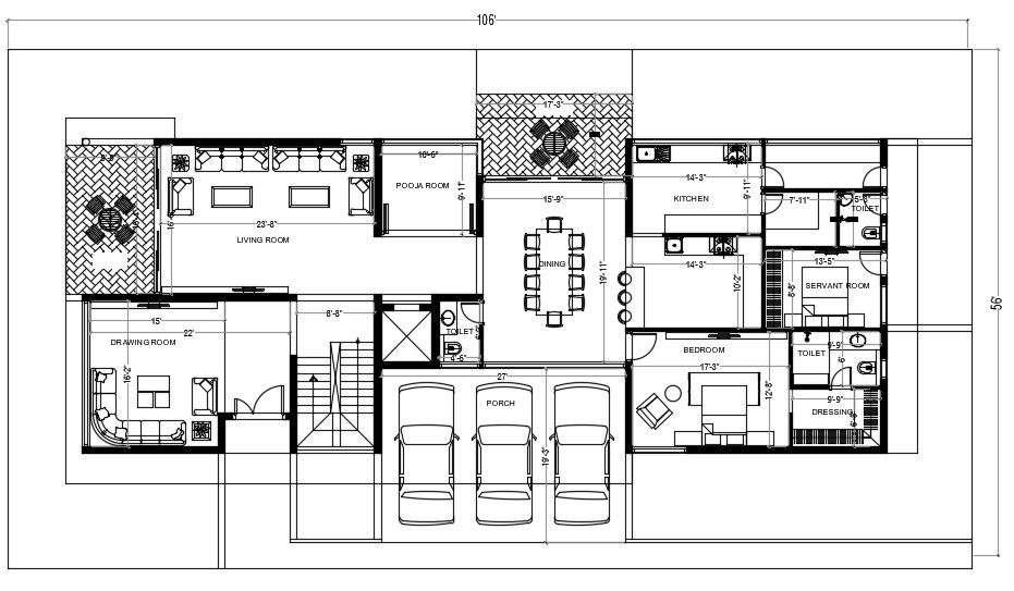 6000 Square Feet House Ground Floor Plan With Furniture Layout DWG File