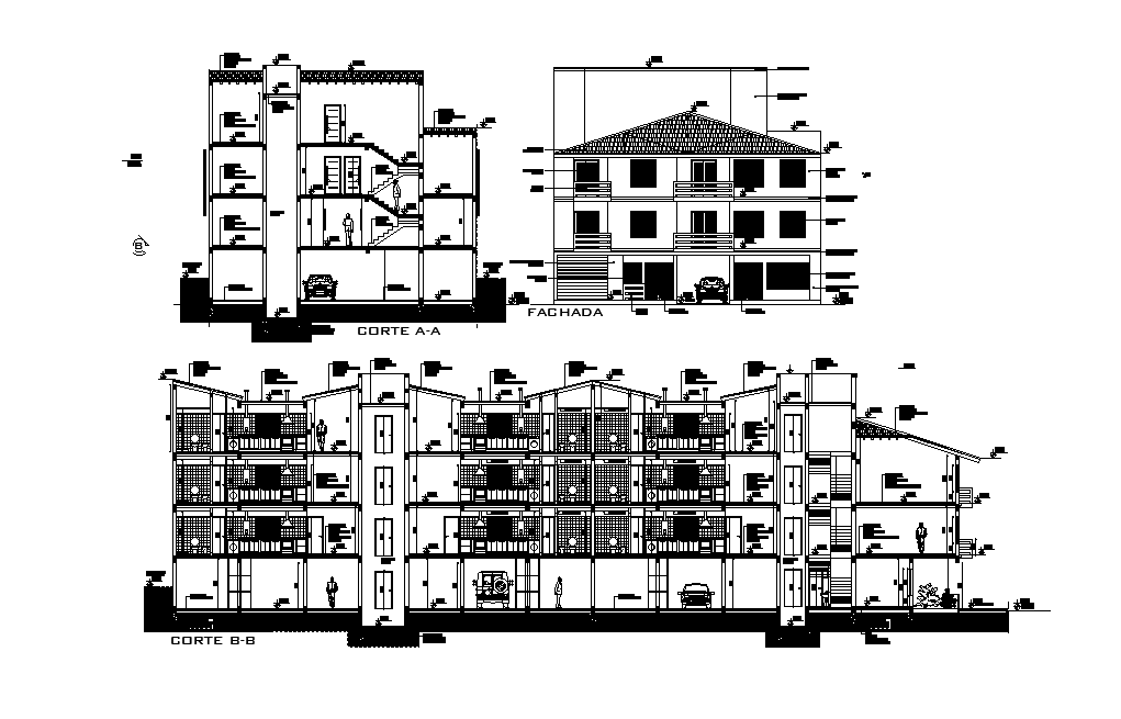 600 Square Meter Apartment Building Sectional Elevation Design DWG File