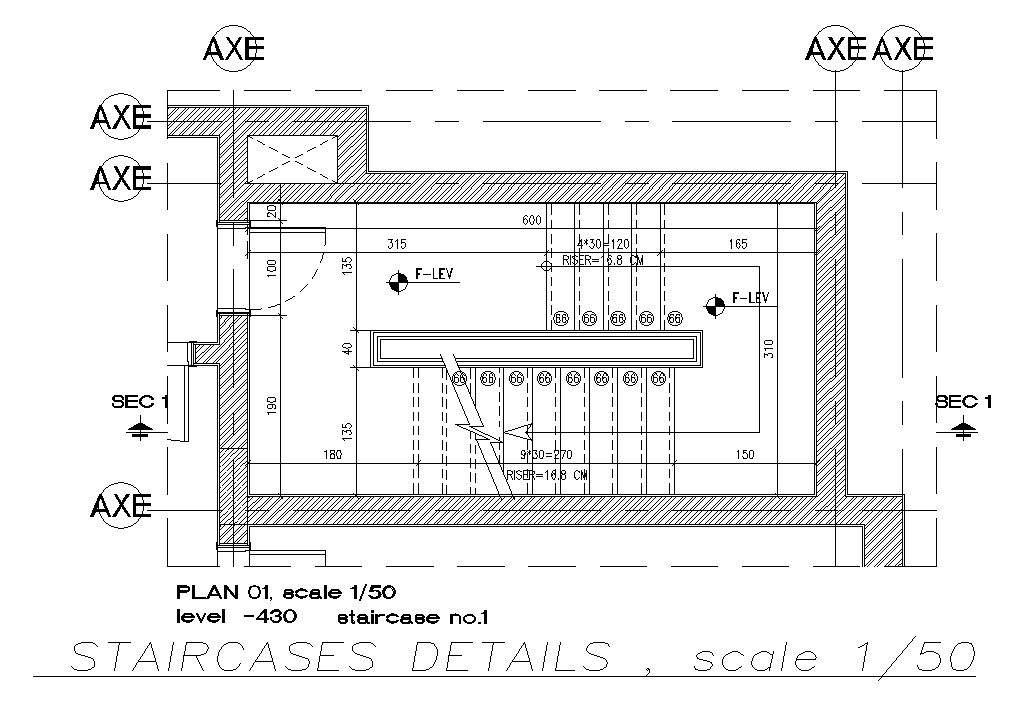 600x310cm staircase plan is given in this AutoCAD model. Download now.