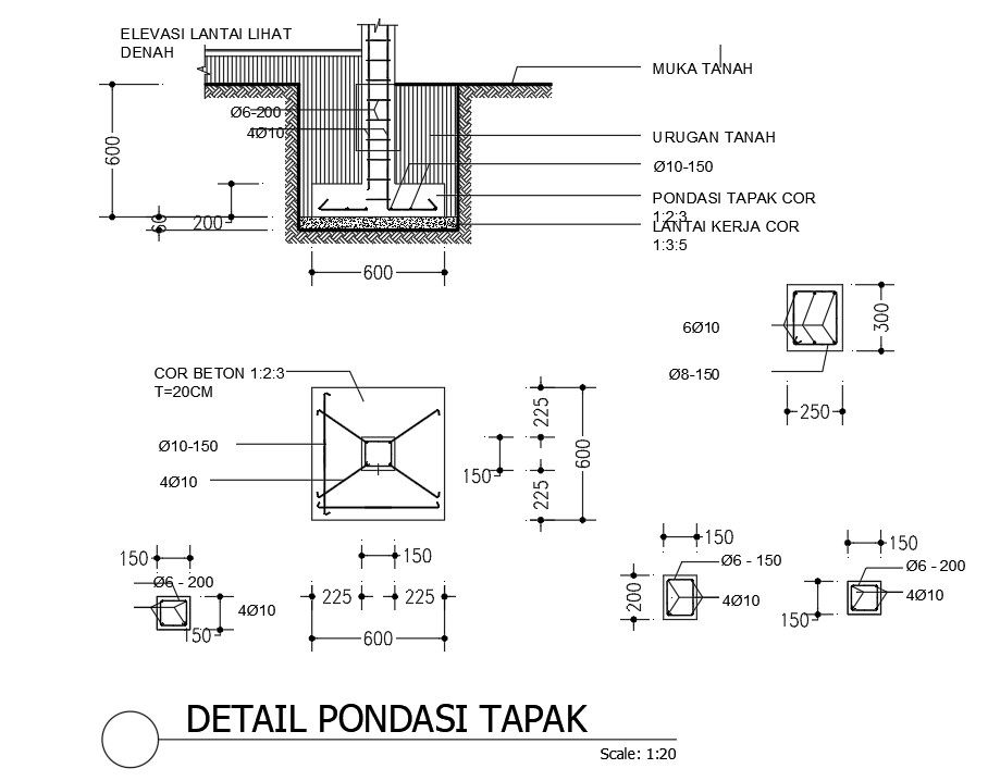 600x600mm foundation detail drawing with section