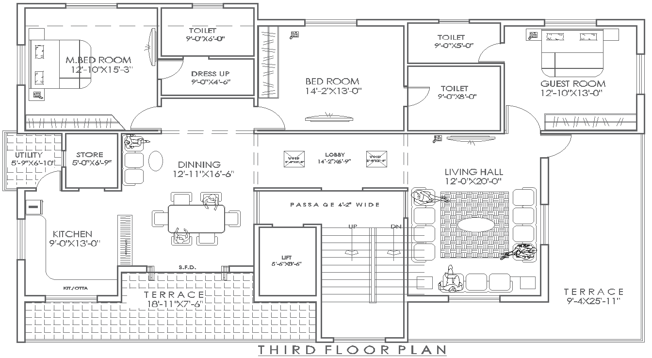 60x40 3BHK Third Floor House Plan with AutoCAD Layout