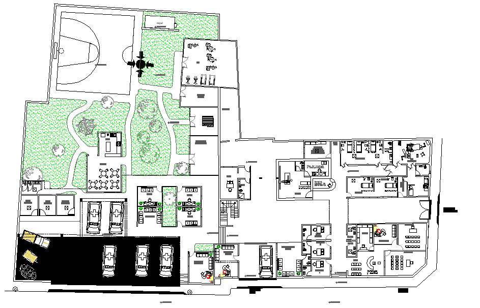 Clinic Detail AutoCAD Plan with Parking Garden and Office Layout