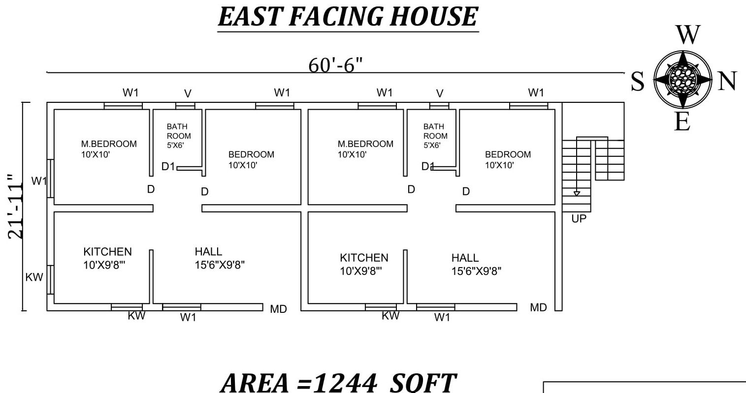 60'6" X 21'11" 2 BHK east-facing twin House Plan As Per Vastu Shastra. Autocad DWG and Pdf file details.