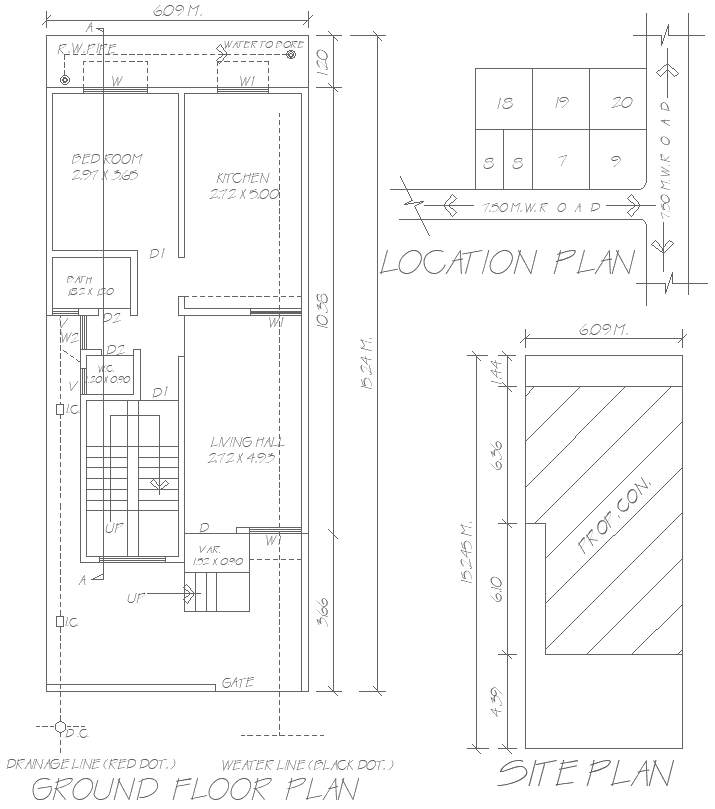 AutoCAD 1BHK House Plan 6.09mx15.24m with Location Map