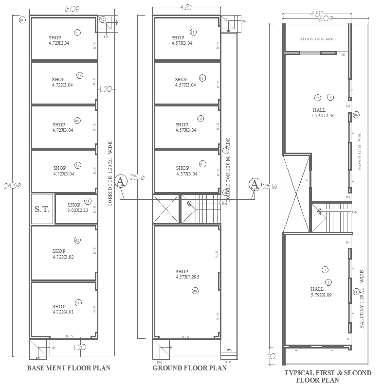 6.09m x 24.39m Commercial Building Layout with Shops and Halls Plan - AutoCAD DWG File