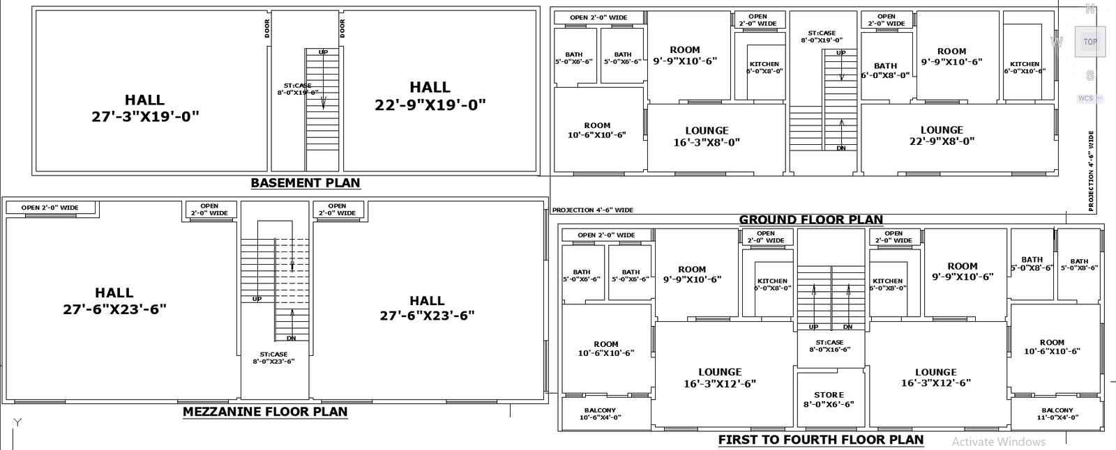 60x20 Multi-Storey Building DWG Plan with Hall and Rooms