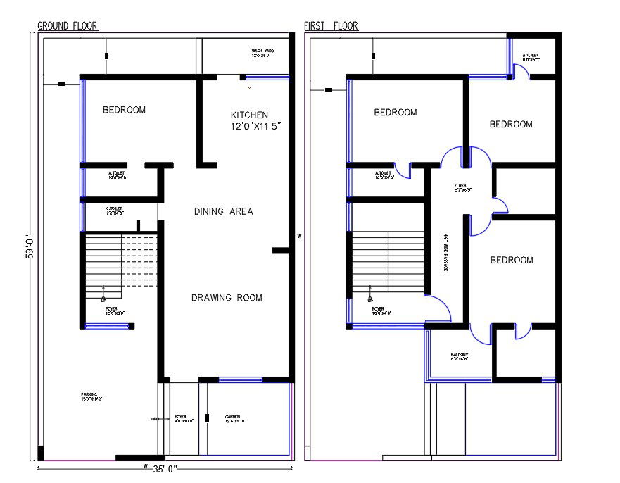 60X35 Feet House Layout Plan CAD Drawing Download DWG File