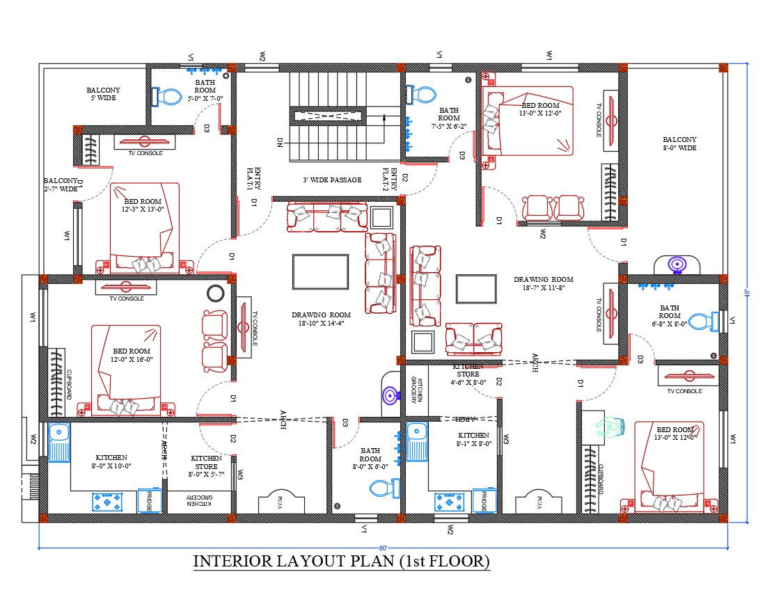 60'X40' 2 BHK Apartment House Plan Drawing Download DWG File