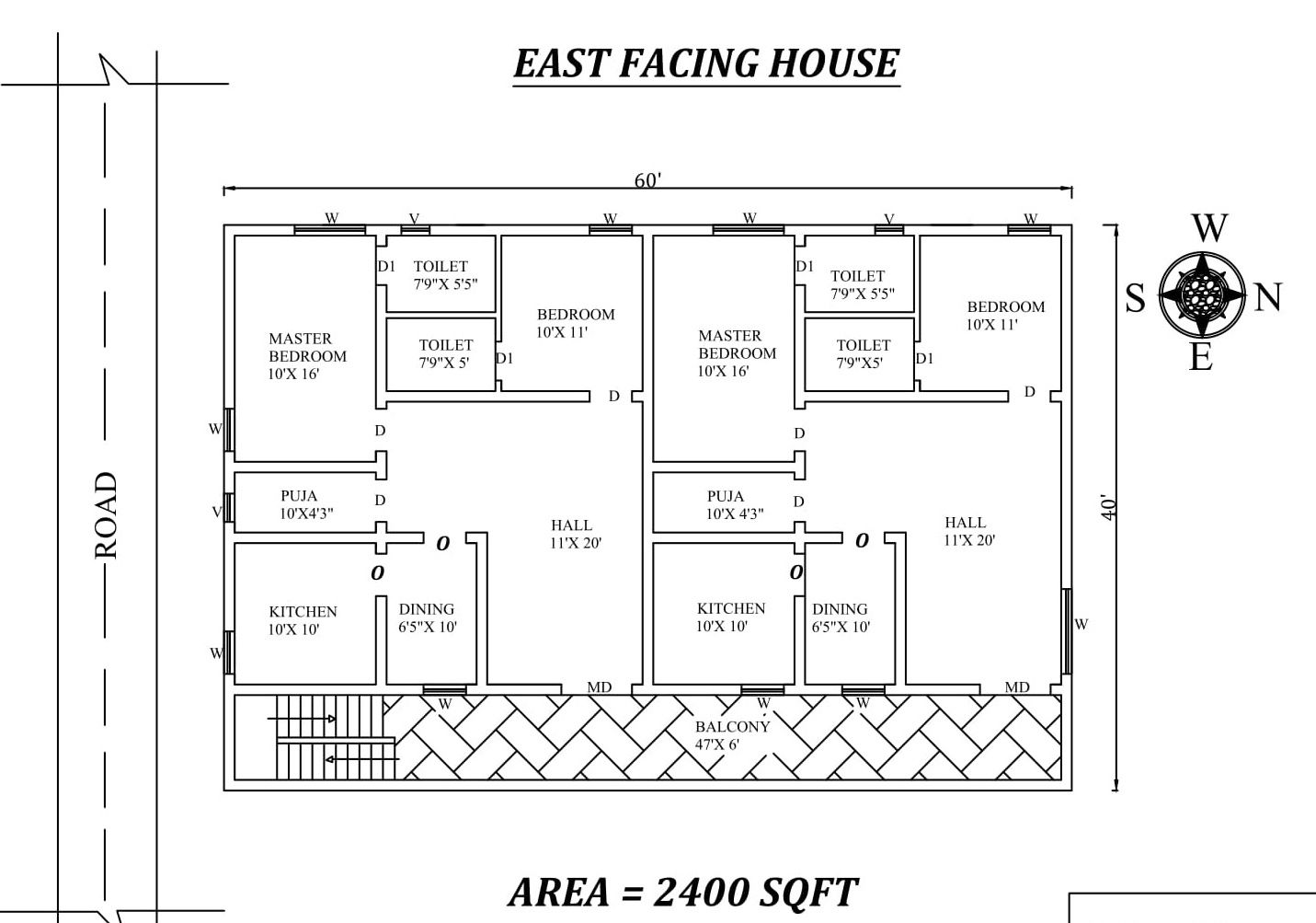 60'X40' 2bhk East facing Twin House Plan As Per Vastu Shastra. Autocad DWG and Pdf file details.
