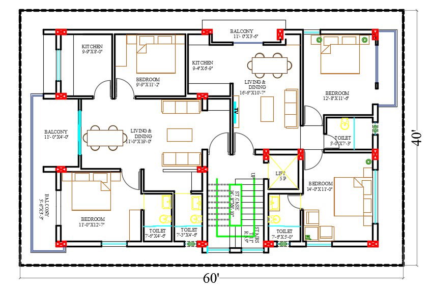 60X40 FT Apartment 2 BHK House Layout Plan CAD Drawing DWG File