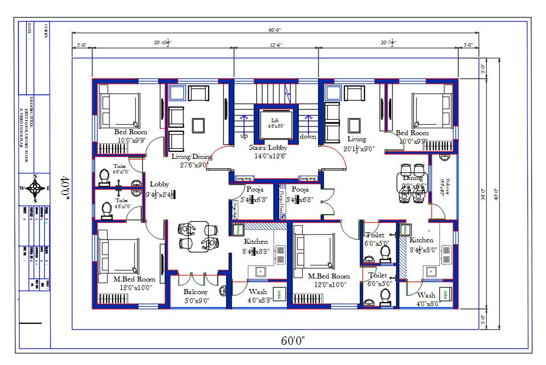 60'X40' House 2 BHK Layout Plan CAD Drawing DWG File