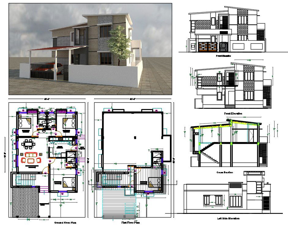 60' X 40' House Furniture Layout Plan And Building Sectional Elevation AutoCAD File