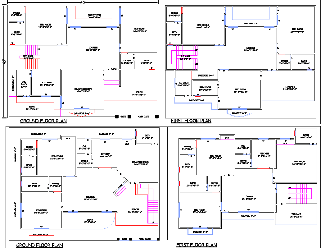 60x45 2-Storey Residential CAD Plan with Floor Layouts