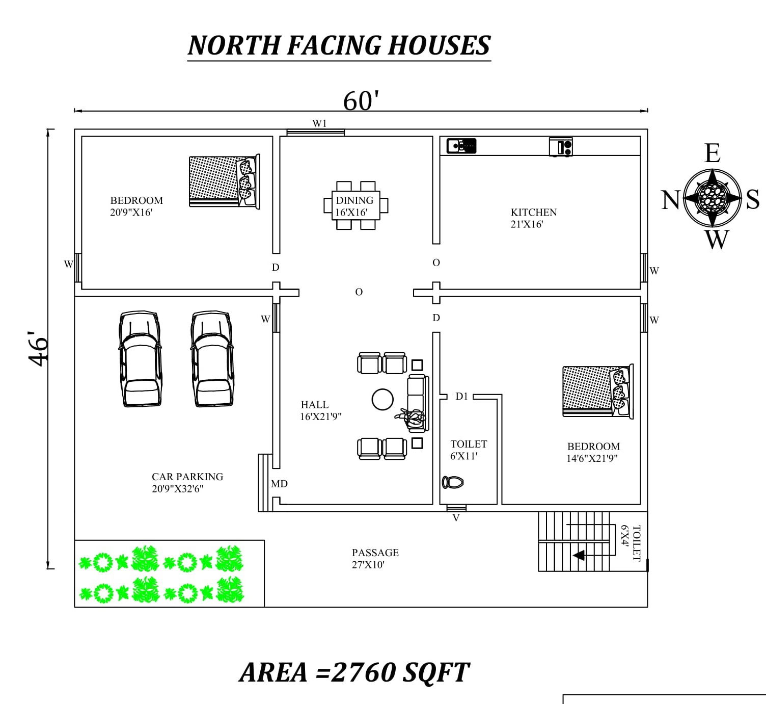 60'X46' Amazing North facing 2bhk house plan as per Vastu Shastra.Autocad DWG and Pdf file details.