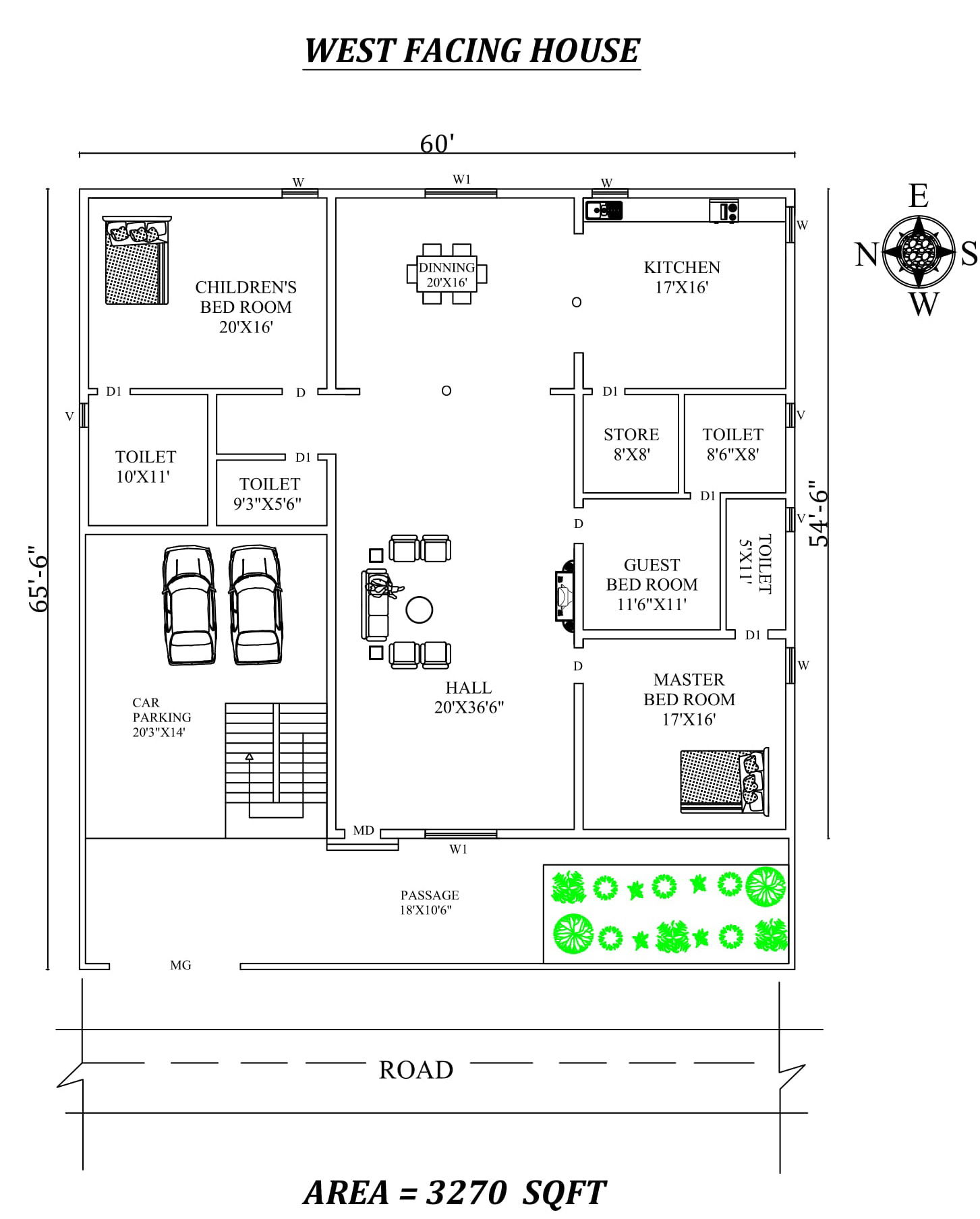 60'X 65'6" Beautiful 3bhk West facing House Plan As Per Vastu Shastra,Autocad DWG and Pdf file details.