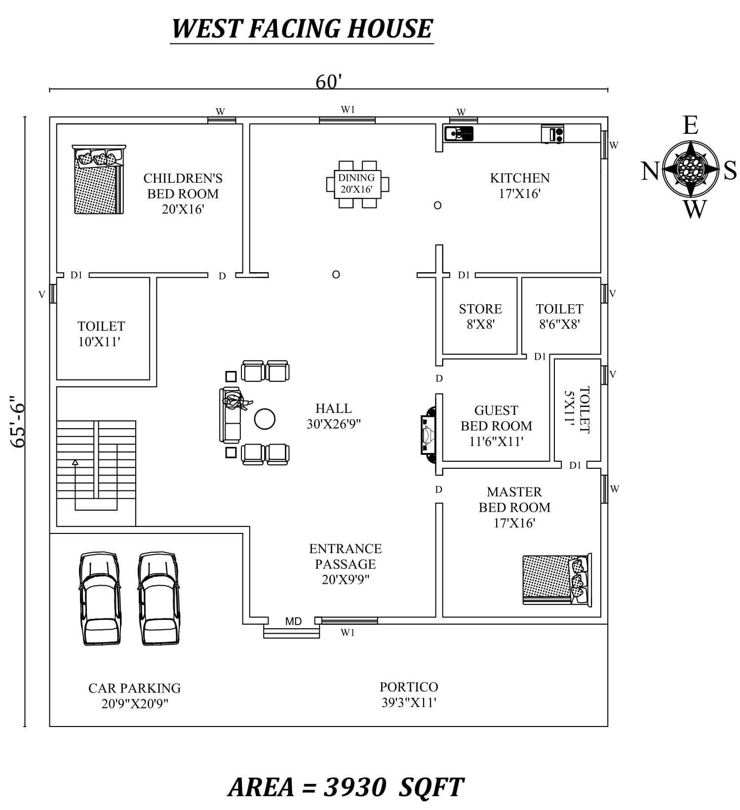 60'X 65'6" superb 3bhk West facing House Plan As Per Vastu Shastra,Autocad DWG and Pdf file details.