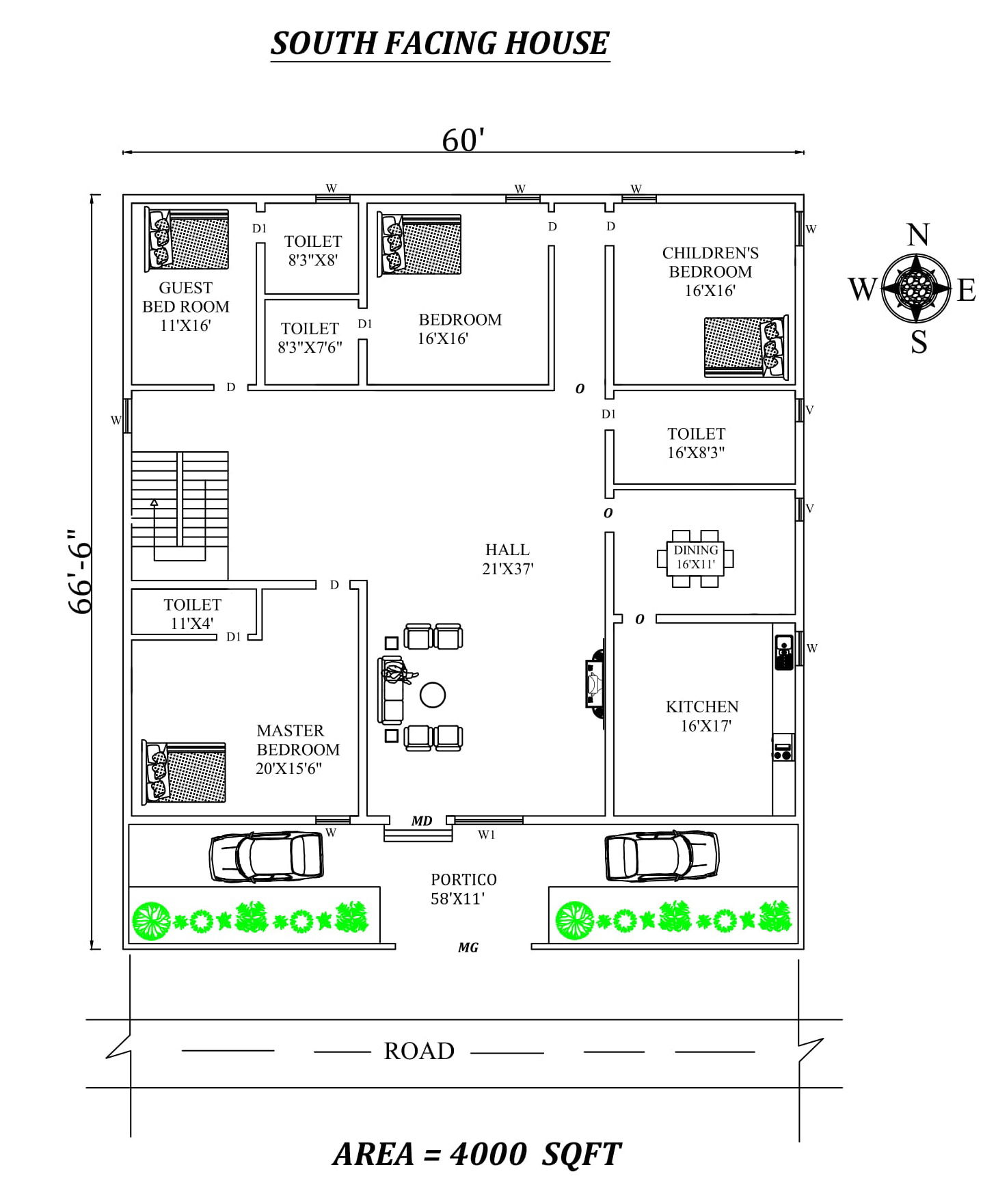 60'X66'6"4bhk South facing House Plan As Per Vastu Shastra,Autocad DWG and Pdf file details.