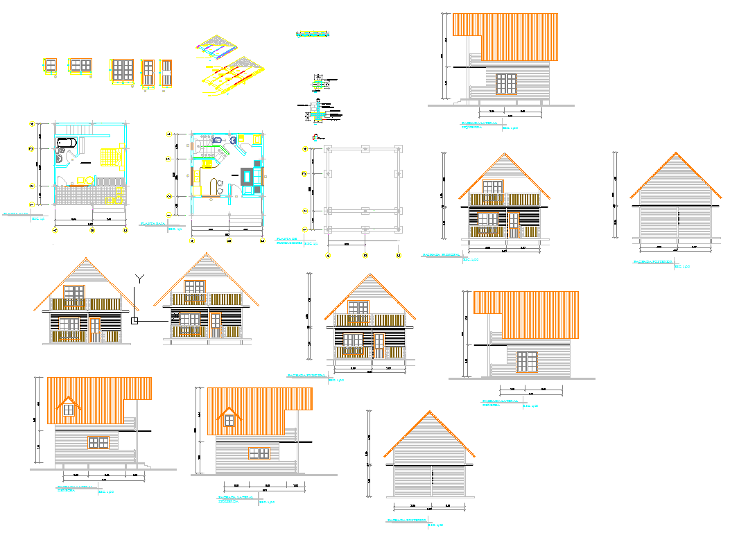 Detached House AutoCAD Design with Elevations and Complete Floor Plans