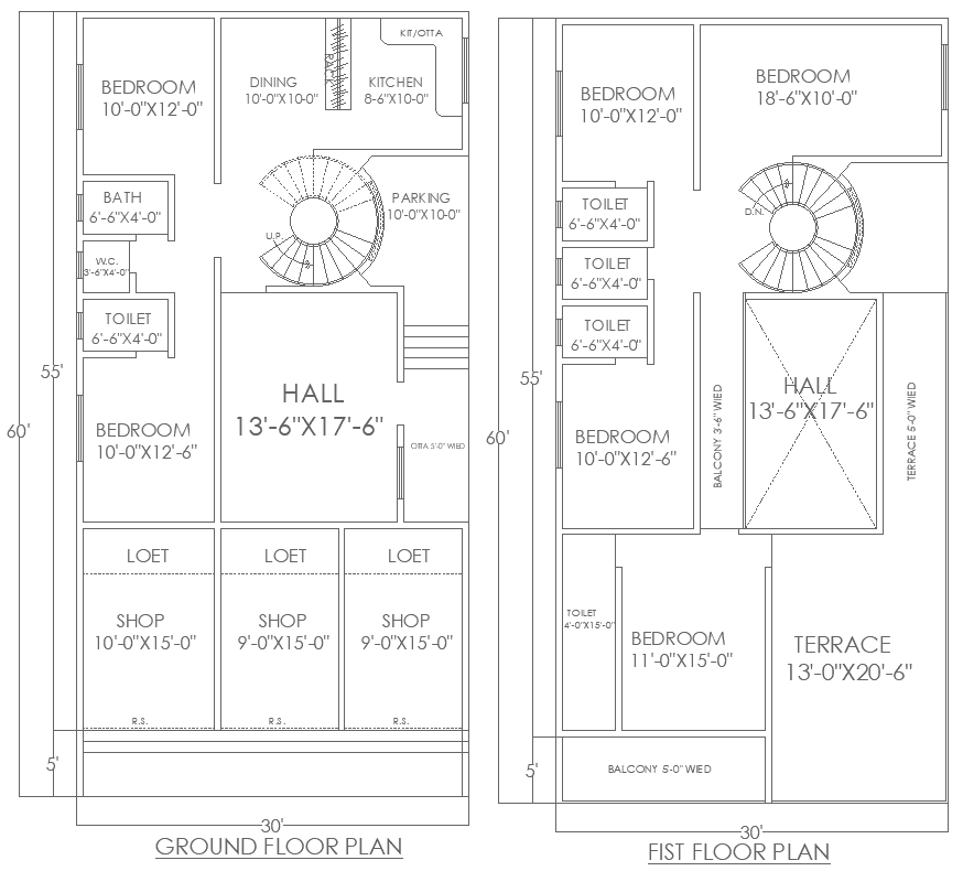 60ft x 30ft Ground and First Floor House Plan With Shop Plan Autocad DWG Download 