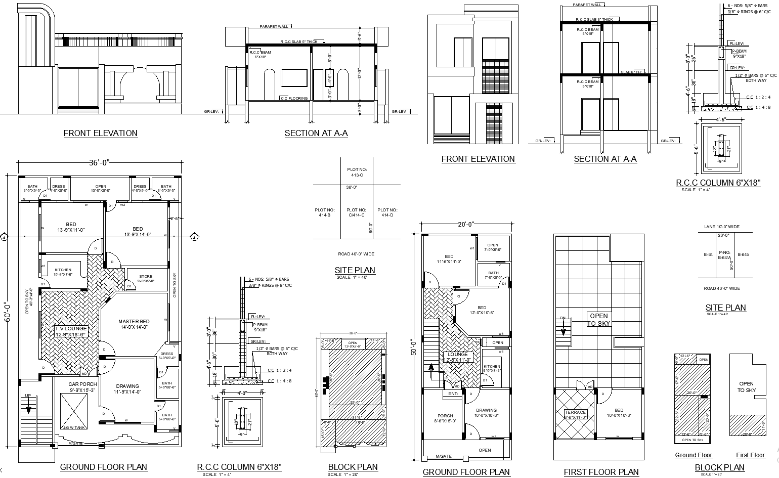 60ft x 36ft House Plan with Site Plan, Column Details AutoCAD DWG