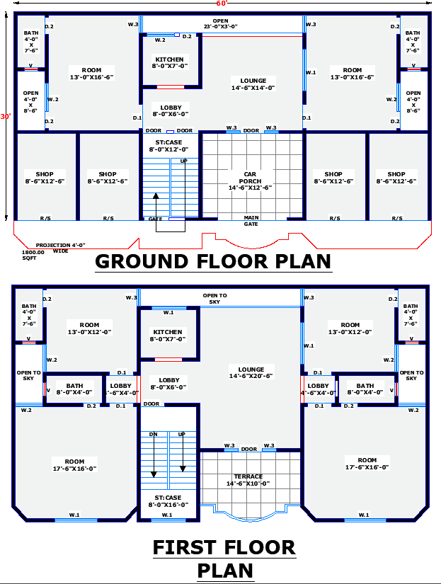 60x30 Commercial Residential House Plan in AutoCAD Format